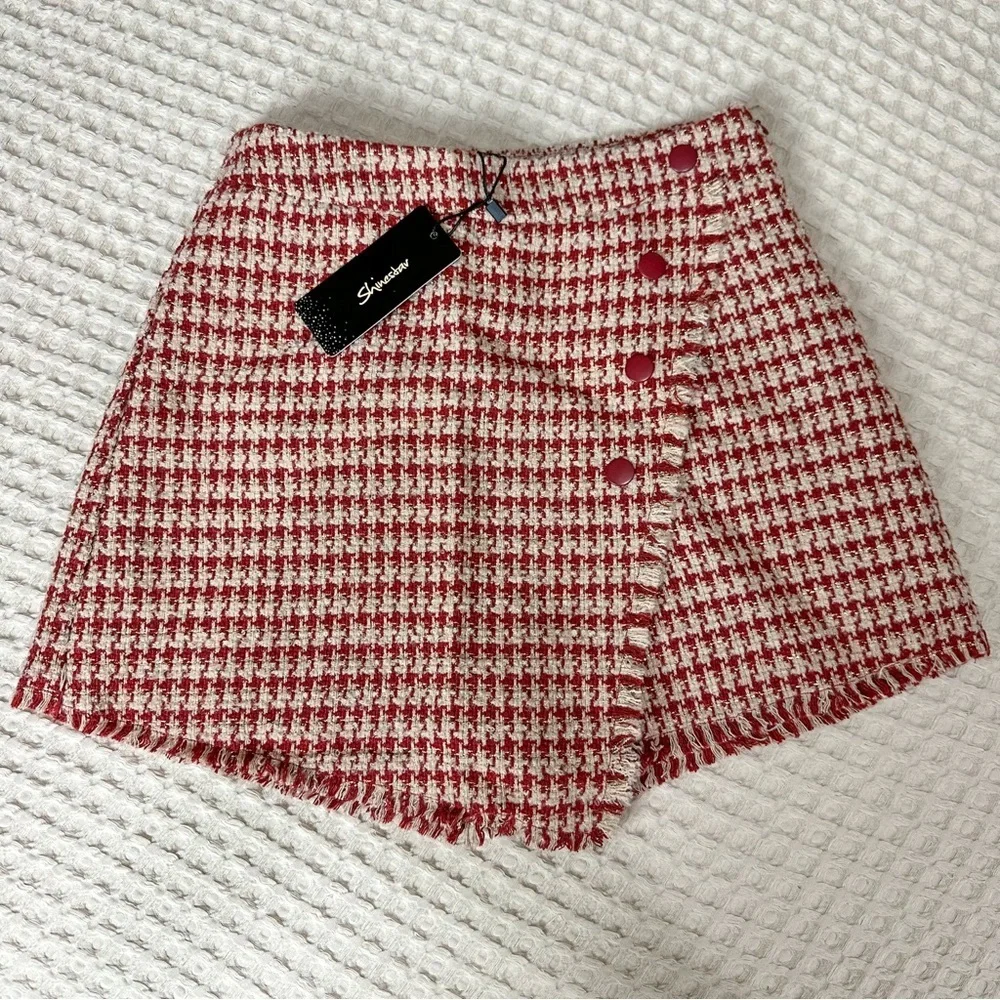 Women Modern Surplice Tweed Textured Mini Skort Houndstooth Skirt Red